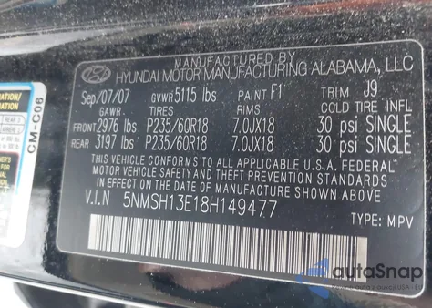 2008 Hyundai Santa Fe Limited/Se из США, поврежденный, VIN 5NMSH13E18H149477